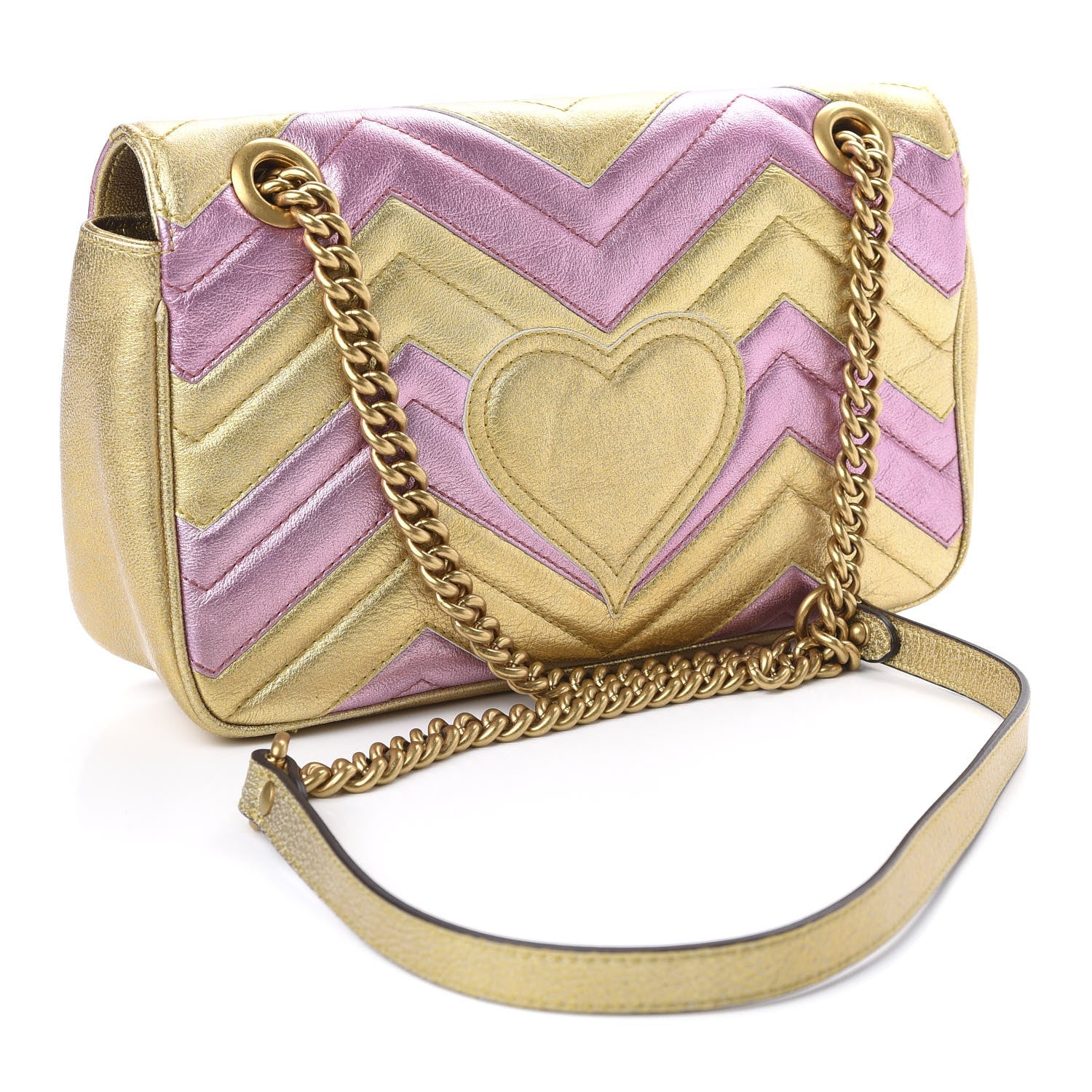 Gucci Metallic Calfskin Matelasse Small GG Marmont Shoulder Bag Gold Pink 3 of 11