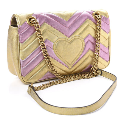 Gucci Metallic Calfskin Matelasse Small GG Marmont Shoulder Bag Gold Pink 3 of 11