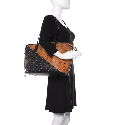MCM Visetos Studded Medium Bi-Color Shopper Tote Black Cognac 2 of 15