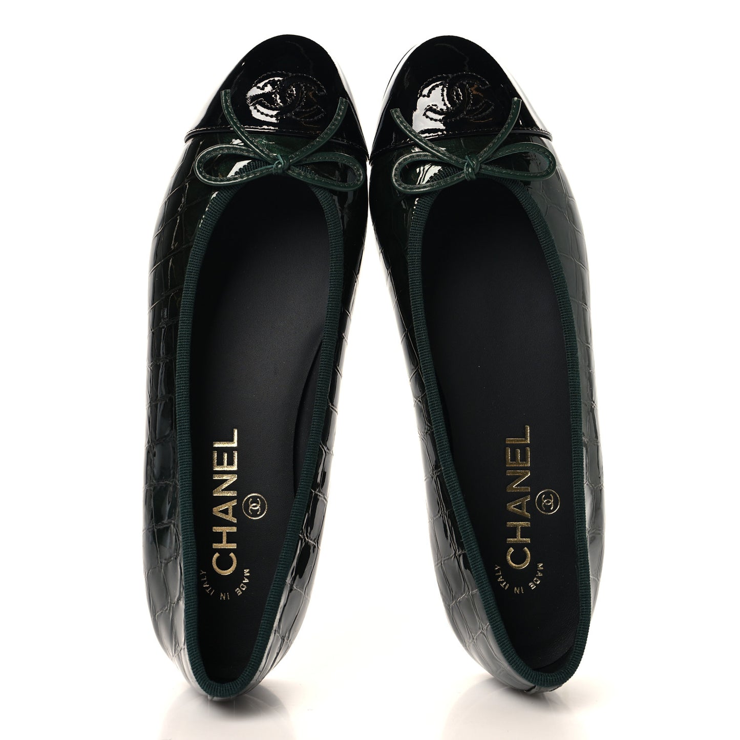 Patent Calfskin Crocodile Embossed Ballerina Flats 38 Dark Green Black