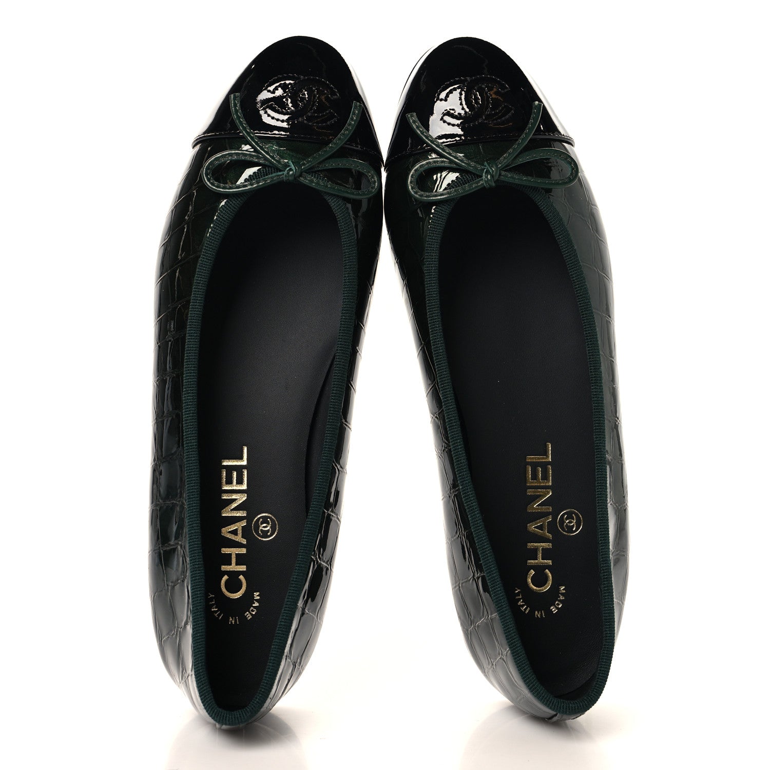 Chanel Patent Calfskin Crocodile Embossed Ballerina Flats 38 Dark Green Black 2 of 10