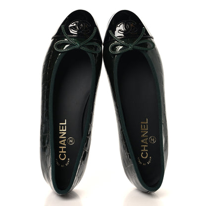 Chanel Patent Calfskin Crocodile Embossed Ballerina Flats 38 Dark Green Black 2 of 10