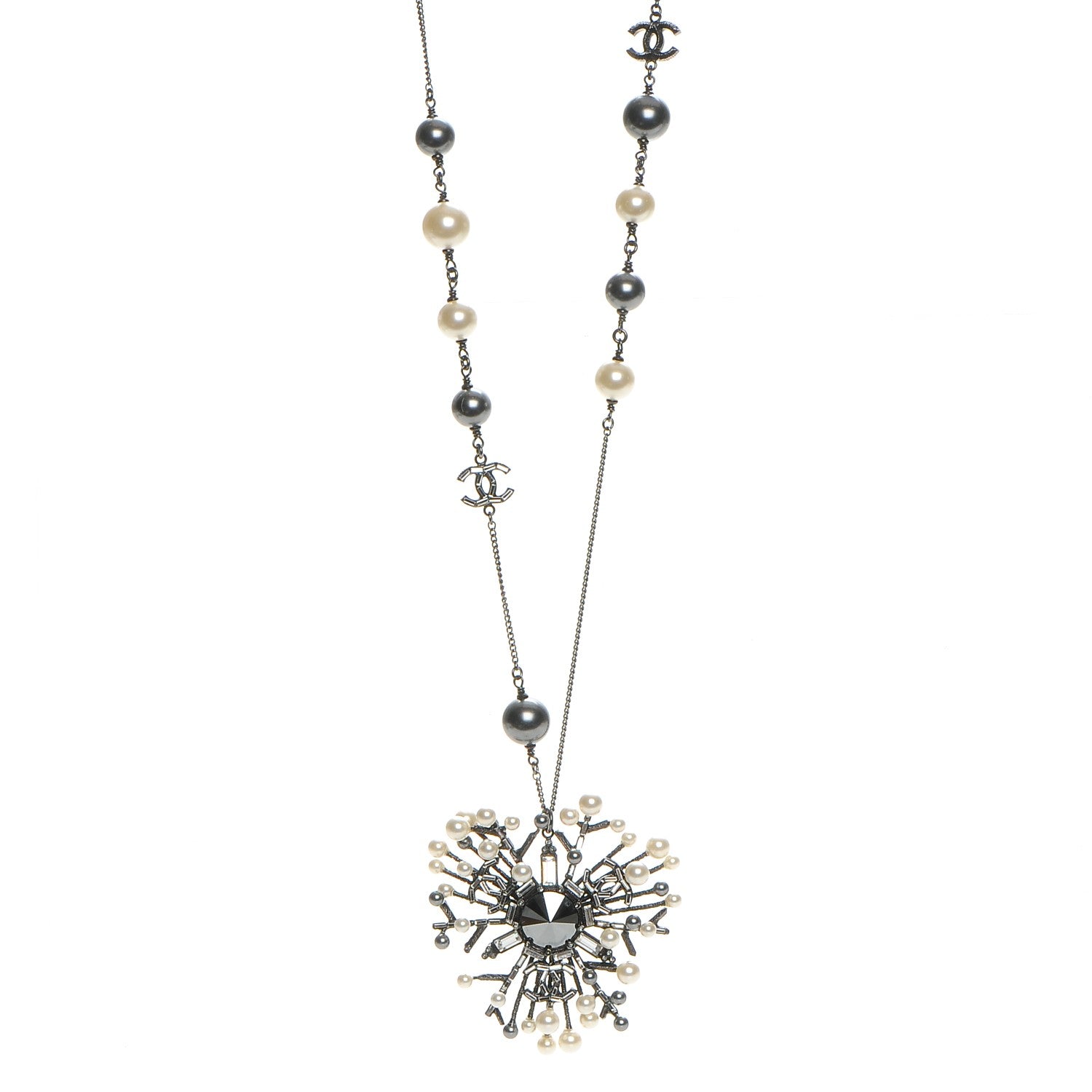 Chanel Crystal Baguette Pearl CC Necklace Black Silver 1 of 5