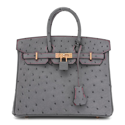 Hermes Ostrich Horseshoe Birkin 25 Gris Agate Rose Shocking 1 of 8