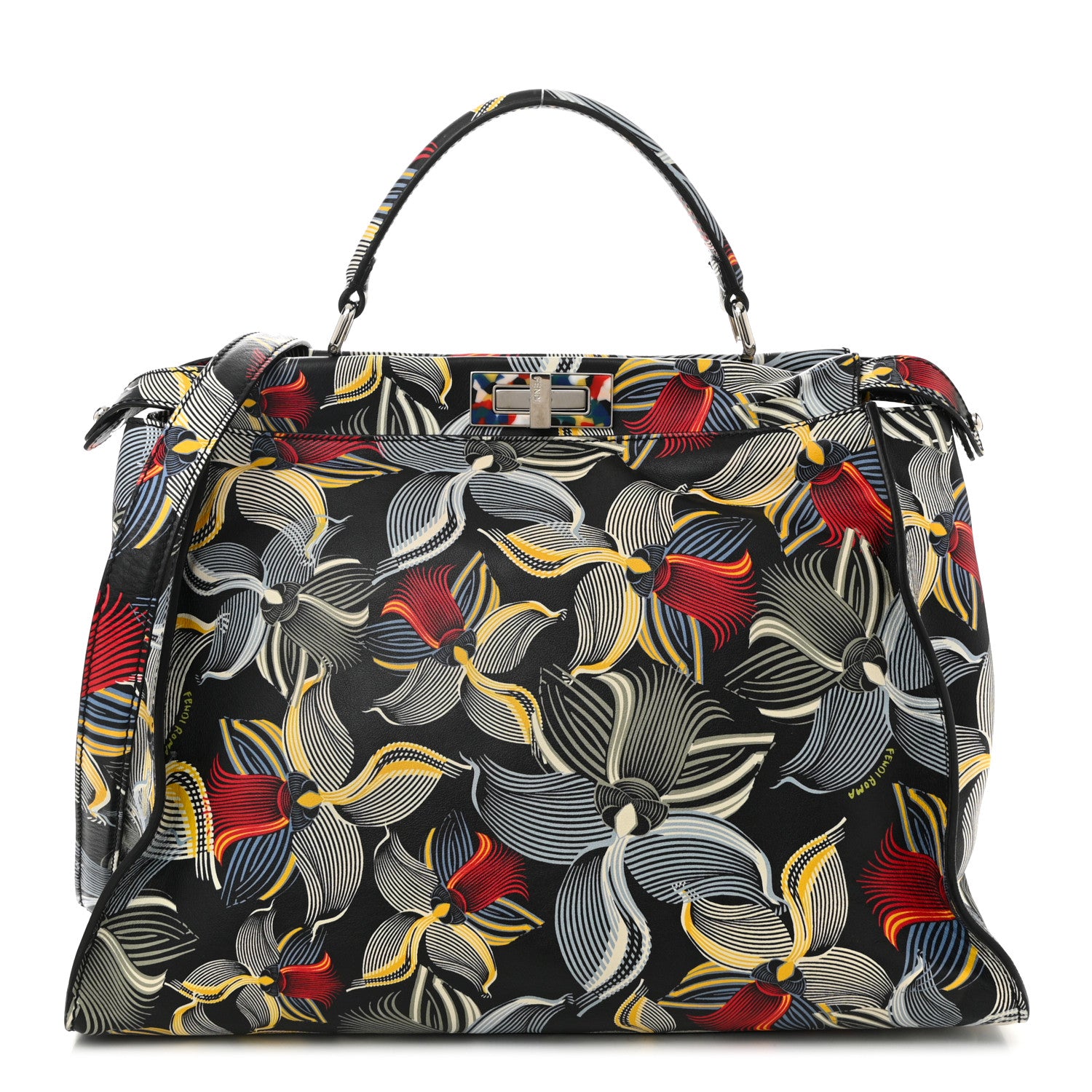 Fendi Calfskin Orchid Large Peekaboo Iconic Satchel Black Multicolor 1 of 11
