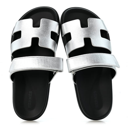 Hermes Metallic Goatskin Womens Chypre Sandals 38 Argent 2 of 10