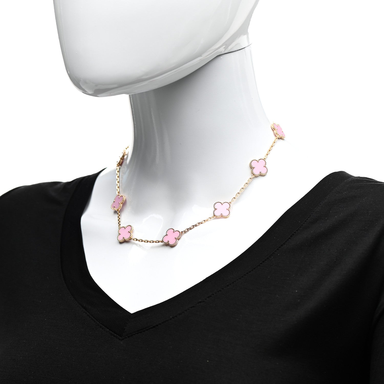 Van Cleef & Arpels 18K Rose Gold Pink Porcelain 10 Motifs Vintage Alhambra Necklace 2 of 7