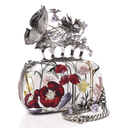 Alexander McQueen Satin Embroidered Flower Butterfly Knuckle Duster Box Clutch White Multicolor 3 of 12