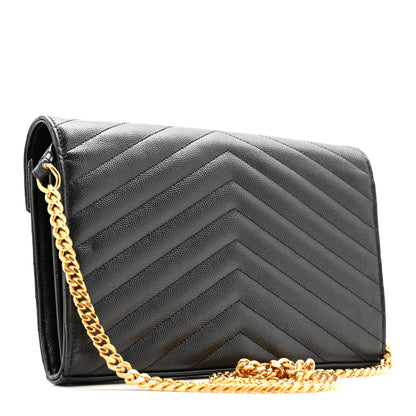 Saint Laurent Grain De Poudre Matelasse Chevron Monogram Chain Wallet Black Black 3 of 12