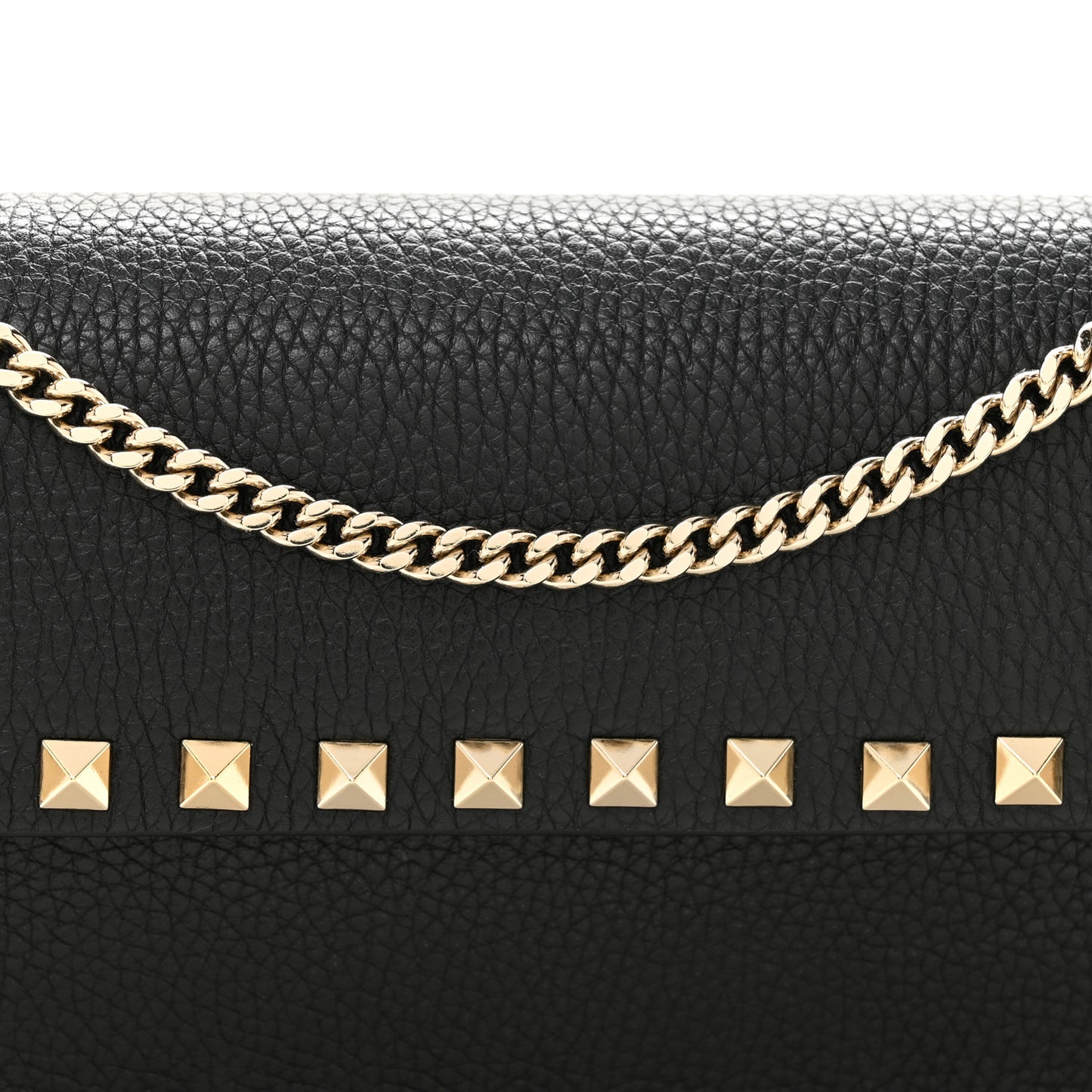 Pebbled Calfskin Rockstud Flap Wallet On Chain Black