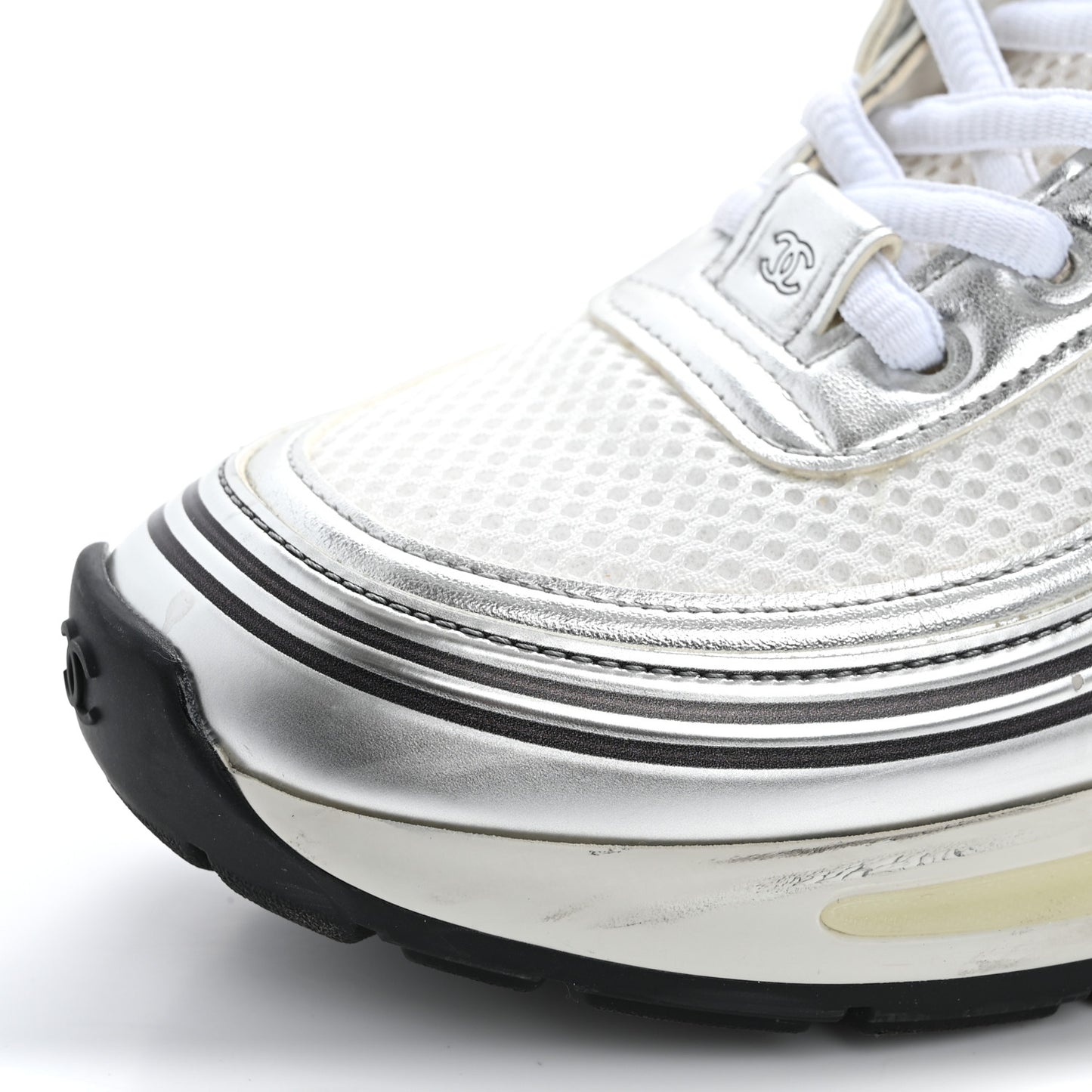 Fabric Laminated Calfskin Stretch CC Sneakers 37 White Silver