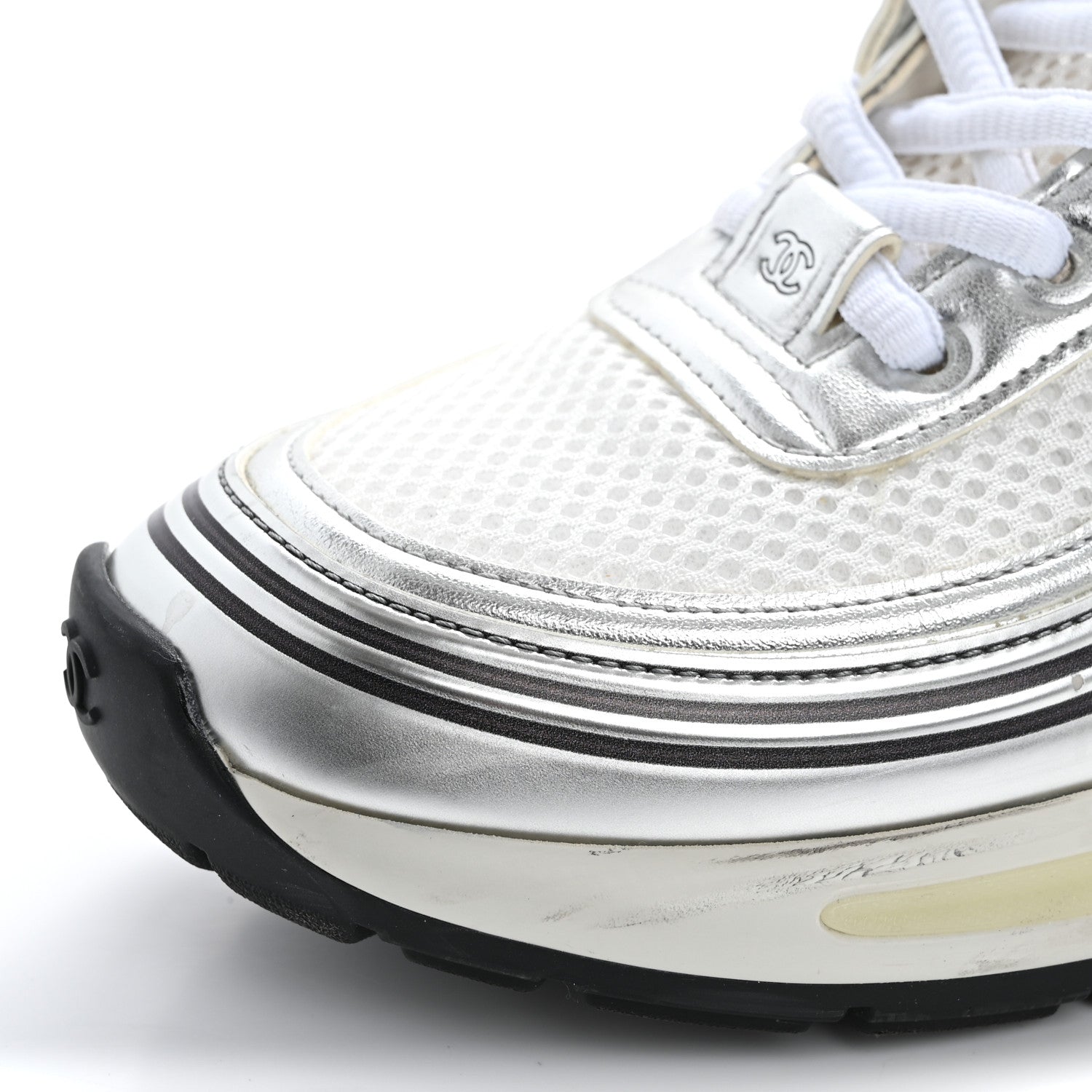 Chanel Fabric Laminated Calfskin Stretch CC Sneakers 37 White Silver 13 of 17