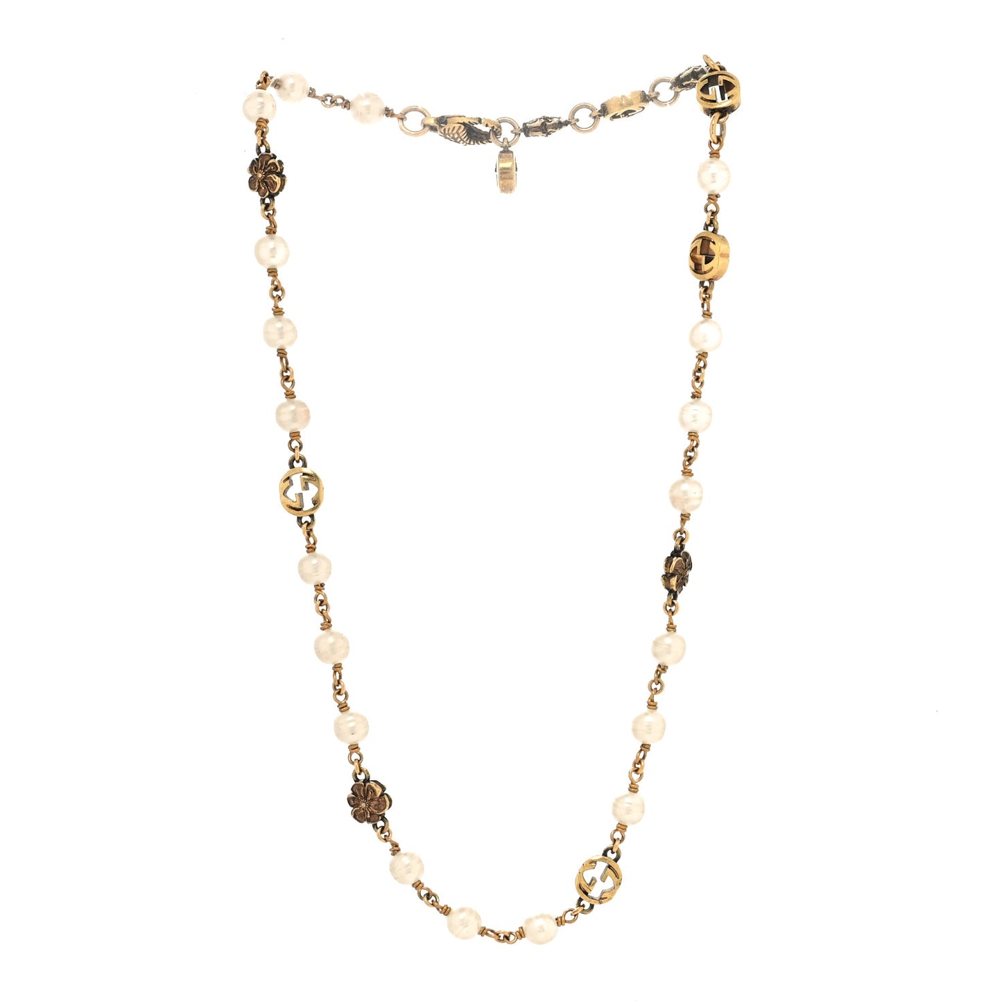 Metal Pearl Interlocking G Flower Necklace Gold