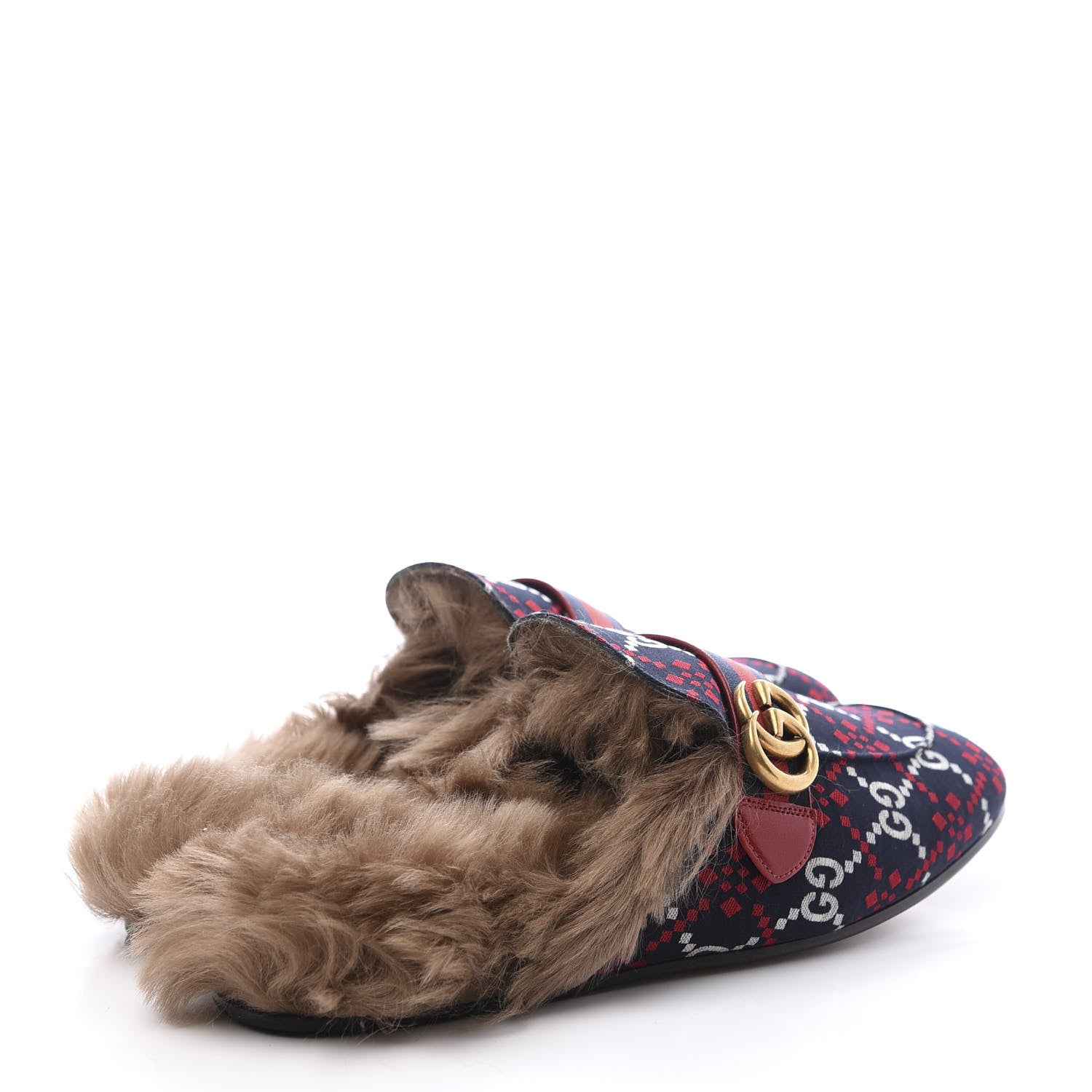 Gucci Canvas GG Monogram Diamond Fur Web GG Mens Princetown Slippers 12.5 Midnight Blue Hibiscus Red 4 of 10