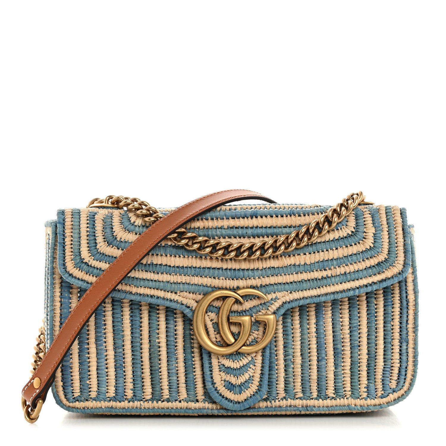 Gucci Raffia Woven Small GG Marmont Shoulder Bag Natural Light Blue 1 of 10