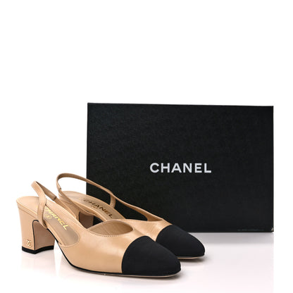 Chanel Goatskin Grosgrain Cap Toe CC Slingback Pumps 37 Beige Black 3 of 9