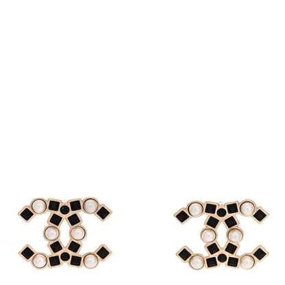 Chanel Pearl Crystal CC Earrings Gold Black 1 of 5