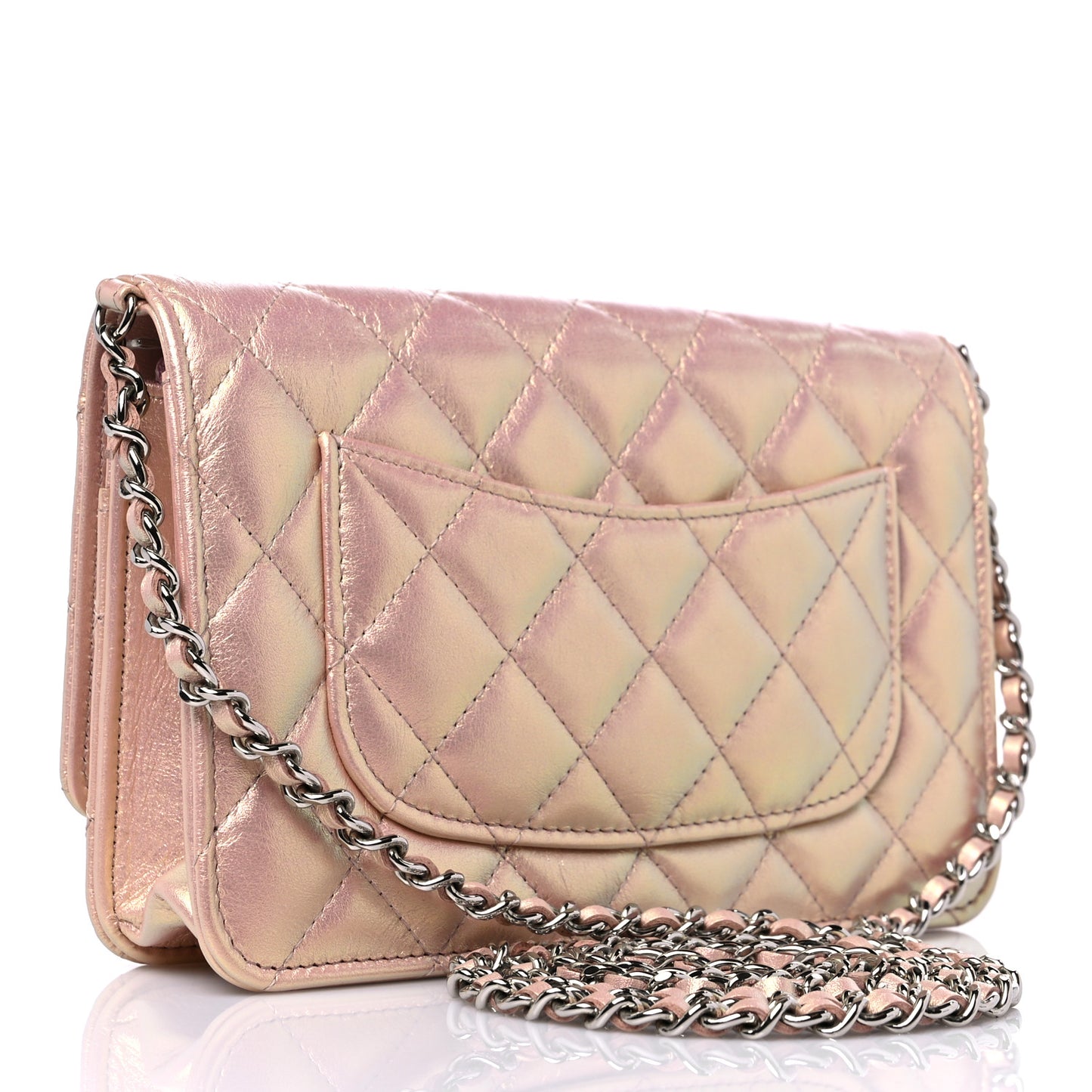 Iridescent Calfskin Quilted Wallet On Chain WOC Pink