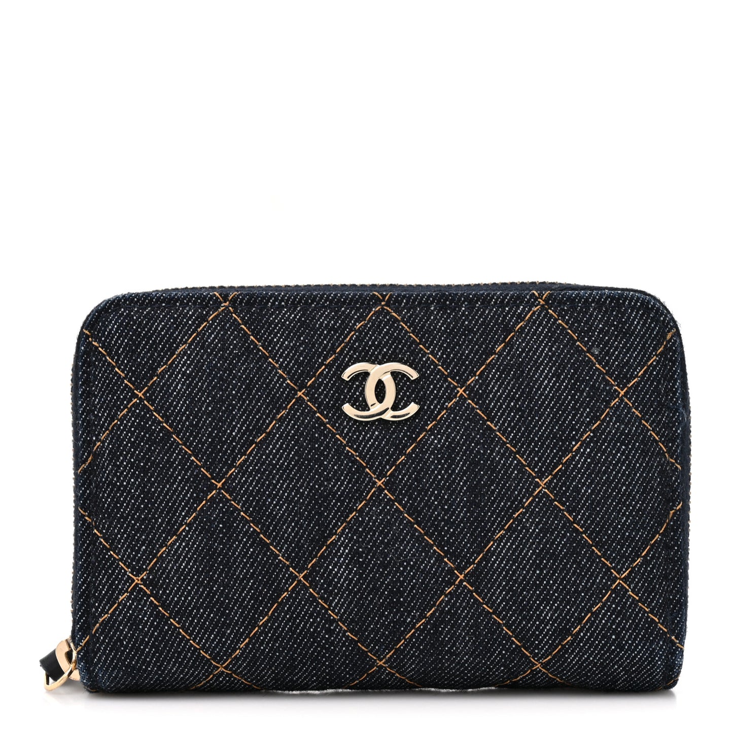 Denim Quilted Zip Coin Purse Dark Blue Orange