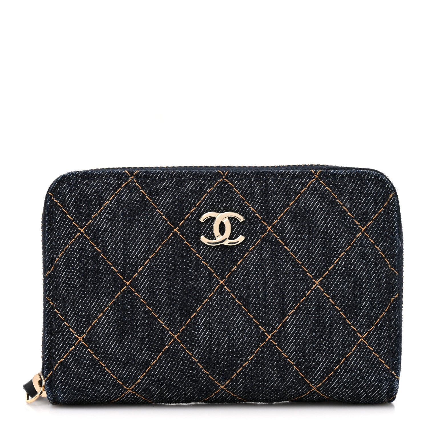 Chanel Denim Quilted Zip Coin Purse Dark Blue Orange 1 of 9