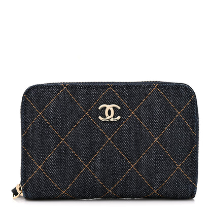 Chanel Denim Quilted Zip Coin Purse Dark Blue Orange 1 of 9