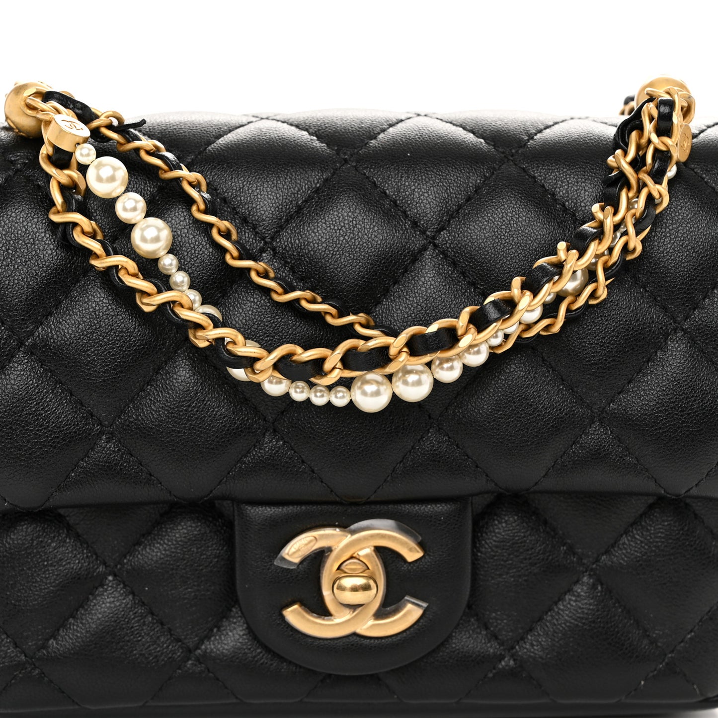 Shiny Lambskin Quilted Pearl Twist Mini Square Flap Black