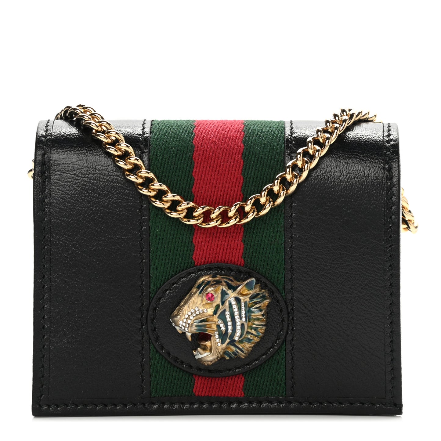 Calfskin Web Rajah Chain Card Case Wallet Black