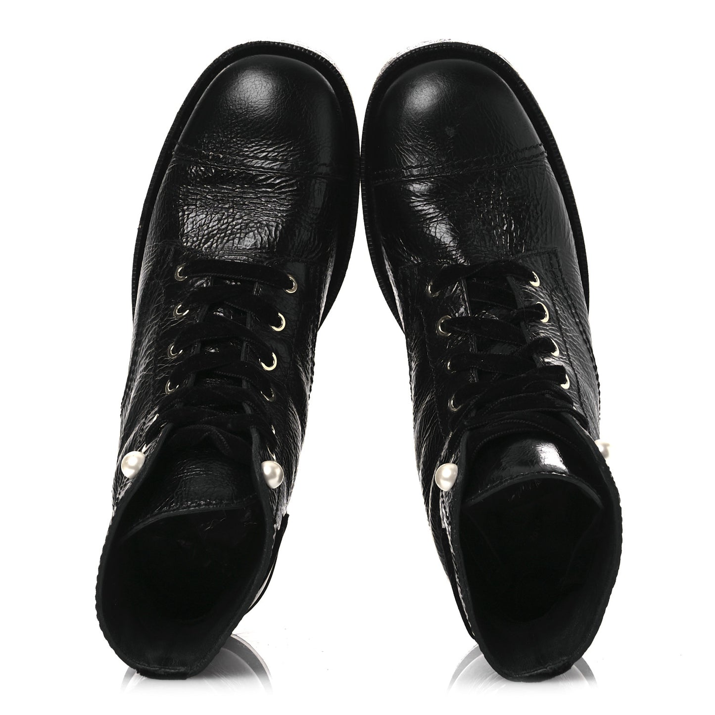 Shiny Calfskin Velvet Pearl Combat Short Boots 41 Black