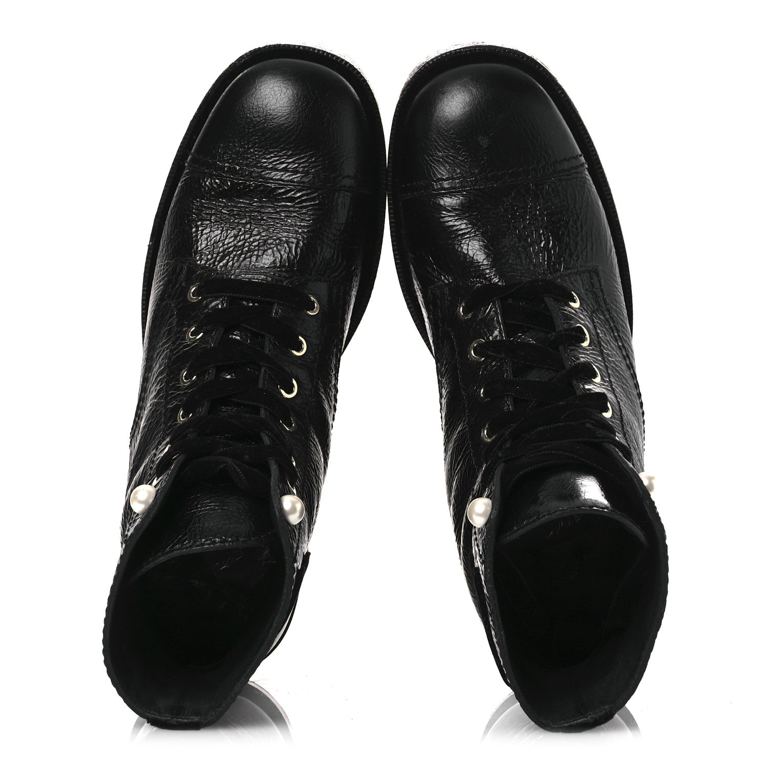 Chanel Shiny Calfskin Velvet Pearl Combat Short Boots 41 Black 2 of 14