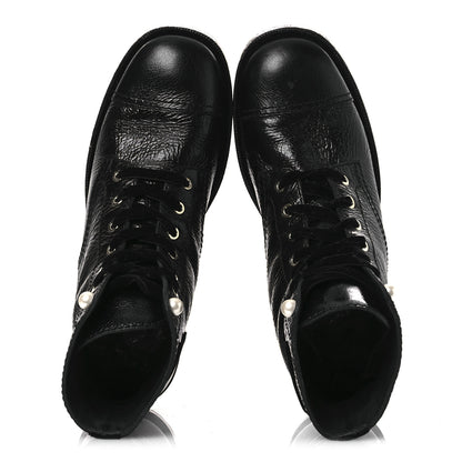 Chanel Shiny Calfskin Velvet Pearl Combat Short Boots 41 Black 2 of 14