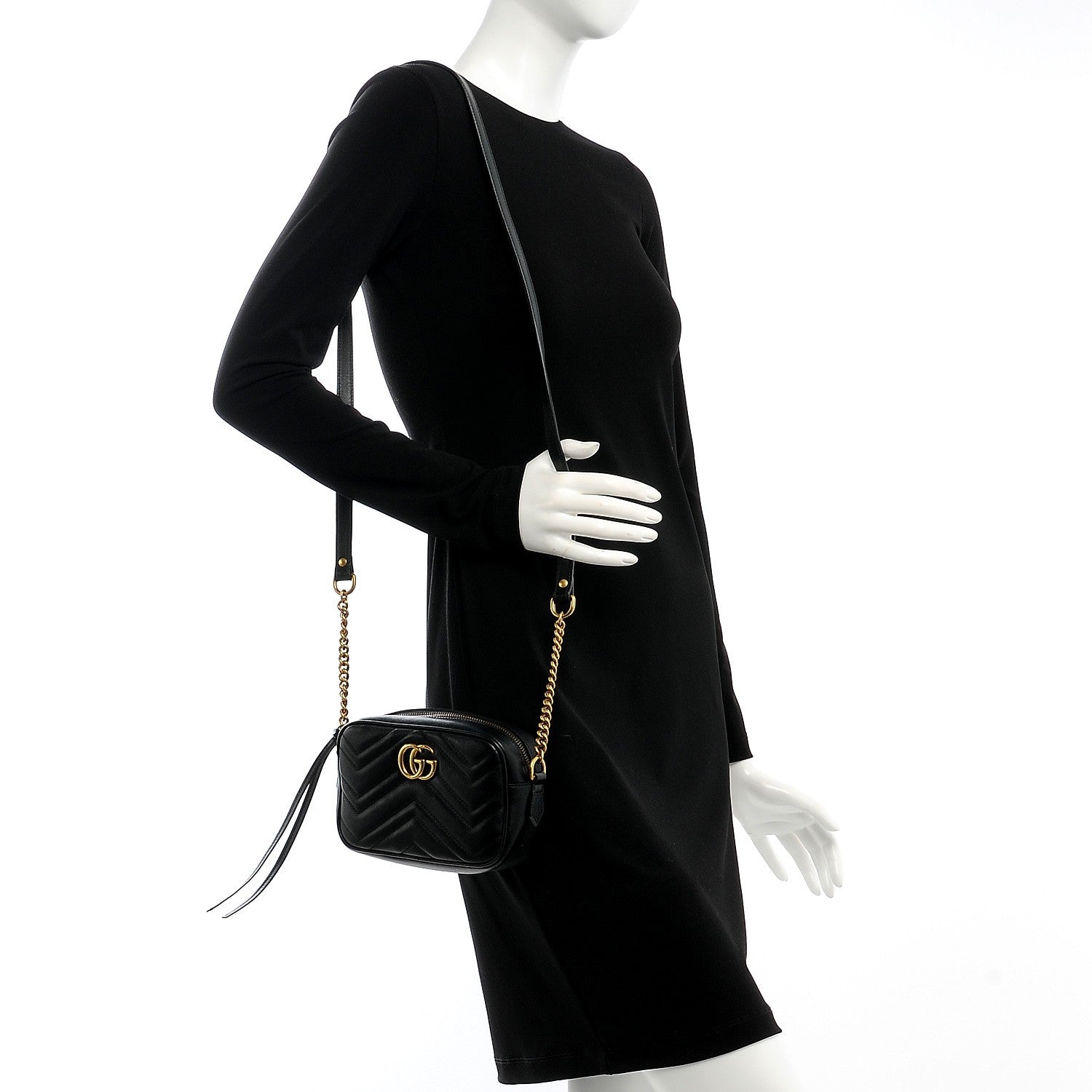 Gucci Calfskin Matelasse Mini GG Marmont Chain Shoulder Bag Black 2 of 9