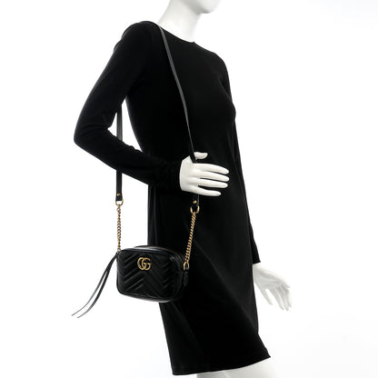 Gucci Calfskin Matelasse Mini GG Marmont Chain Shoulder Bag Black 2 of 9
