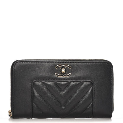 Chanel Sheepskin Chevron Quilted Mademoiselle Vintage Zip Around Wallet Black 1 of 9