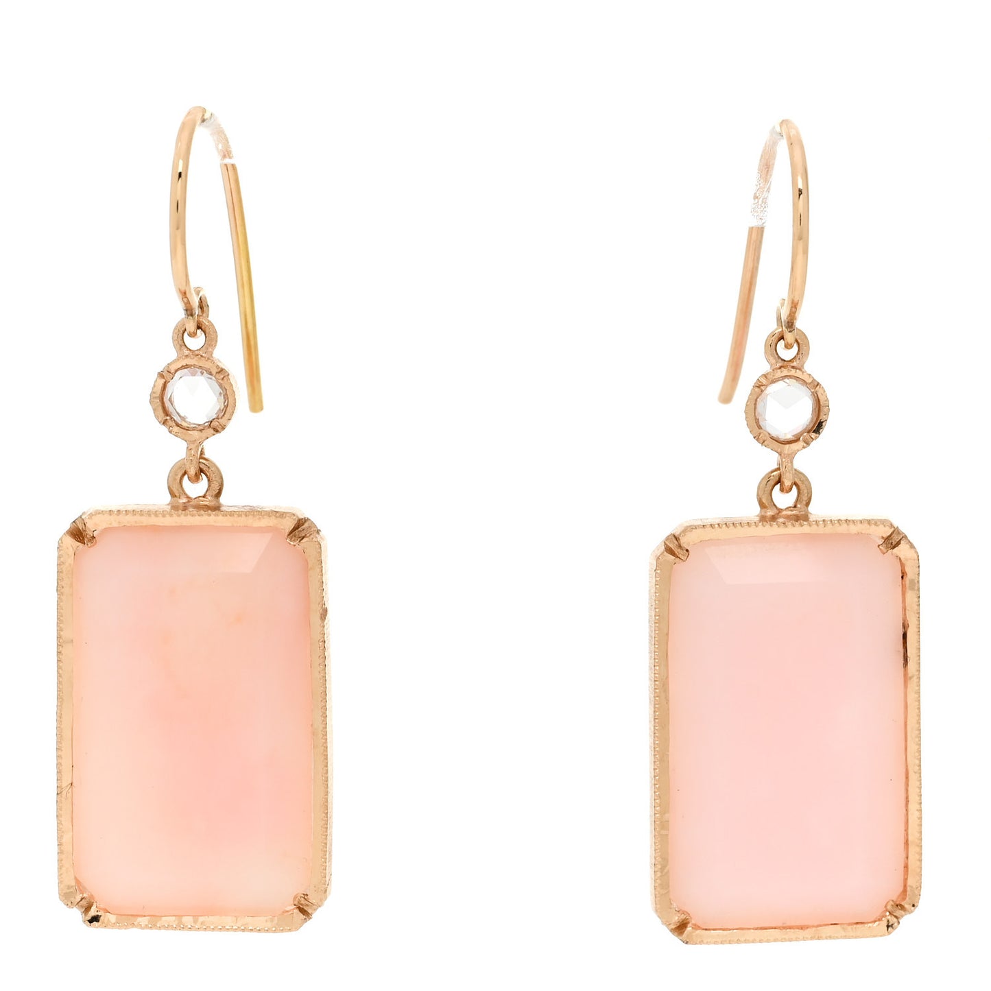18K Rose Gold Diamond Pink Opal Rectangular Drop Earrings