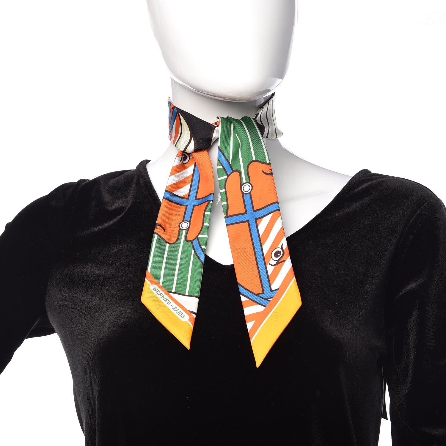 Hermes Silk Quadrige Twilly Orange Vert Ebene 2 of 6