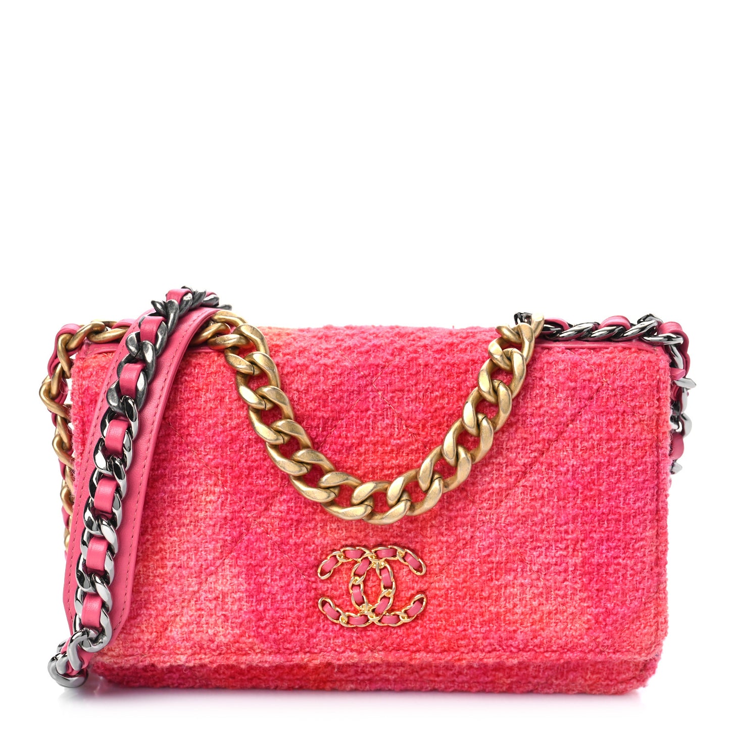 Wool Tweed Lambskin Quilted Chanel 19 Wallet On Chain WOC Coral Pink