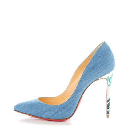 Christian Louboutin Denim Crackled Calfskin Hawaiian Print Pigalle Follies 100 Pumps 37.5 Blue White 1 of 8