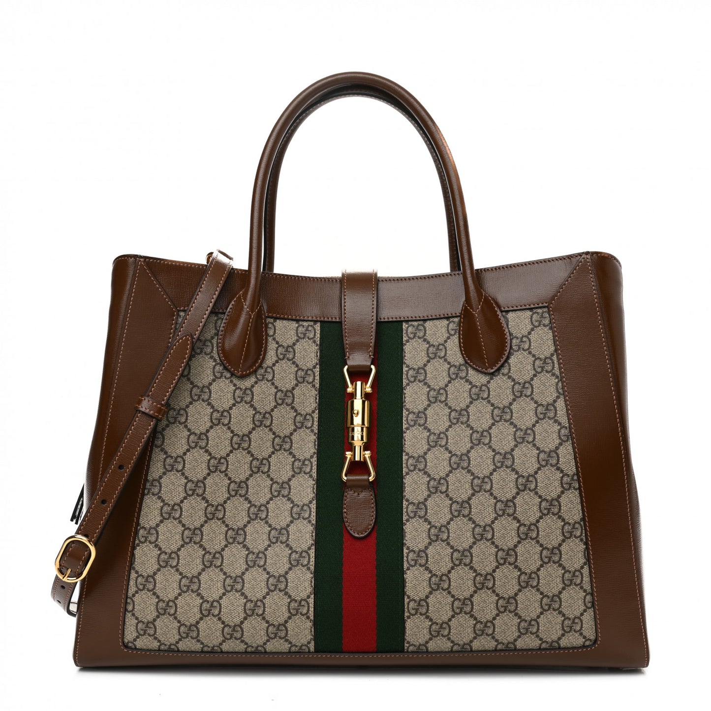 GG Supreme Monogram Azalea Calfskin Web Large Jackie 1961 Tote Beige Ebony Brown Sugar