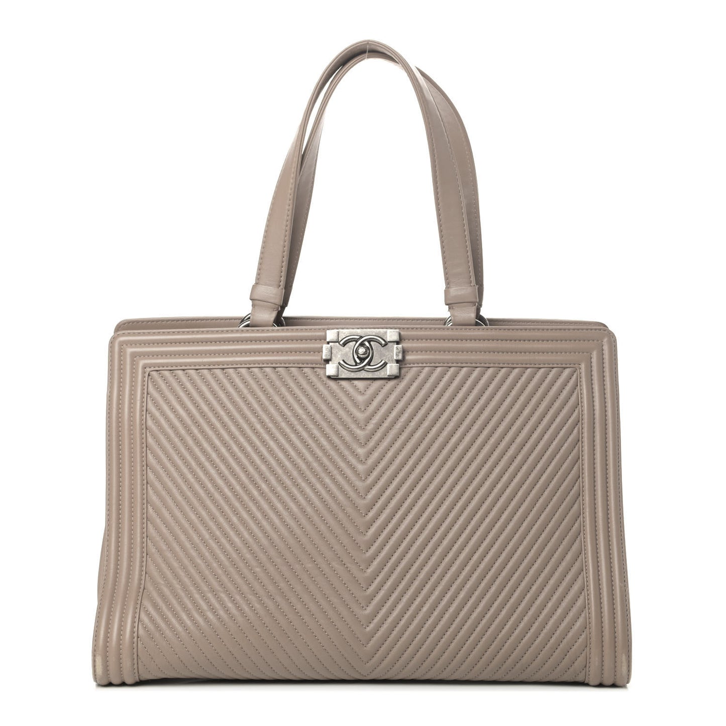 Calfskin Chevron Quilted Boy Shopping Tote Taupe