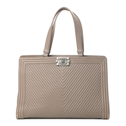 Chanel Calfskin Chevron Quilted Boy Shopping Tote Taupe 1 of 6
