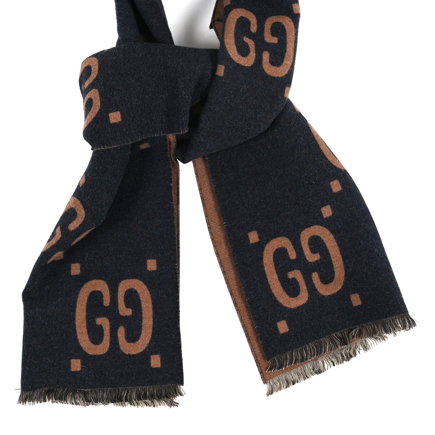 Gucci Wool Silk Monogram Jumbo GG Freedom Scarf Dark Brown Beige 2 of 3