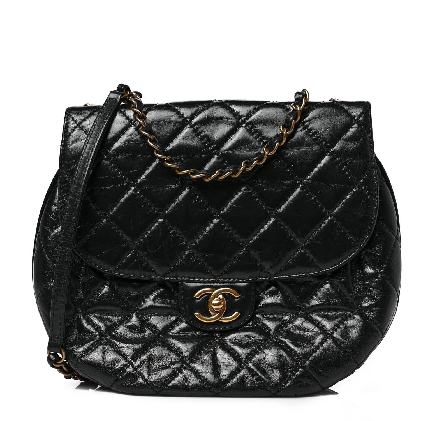 Glazed Calfskin Quilted Medium Bubble CC Flap Black