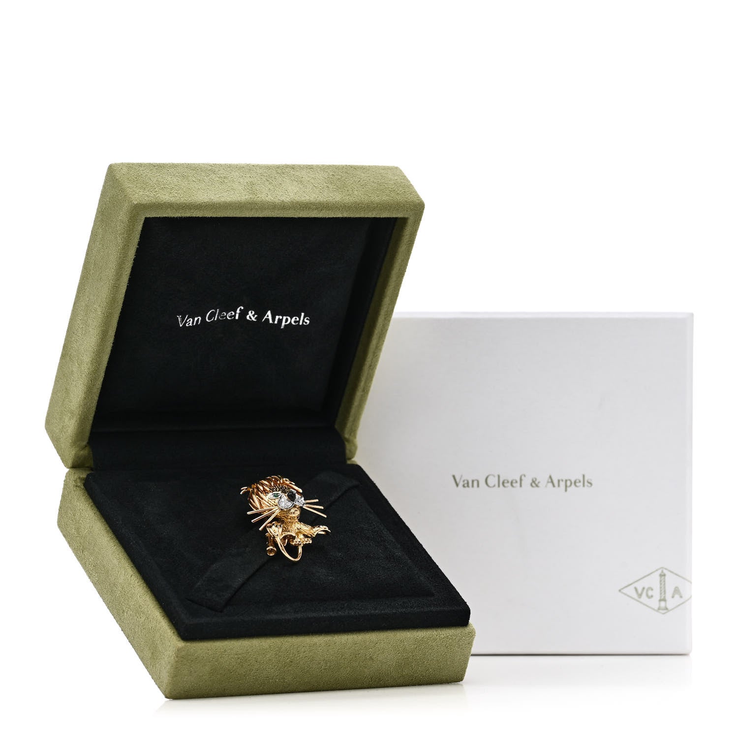 Van Cleef & Arpels 18K Yellow Gold Diamond Emerald Black Onyx Lion Ebouriffe Brooch 5 of 5