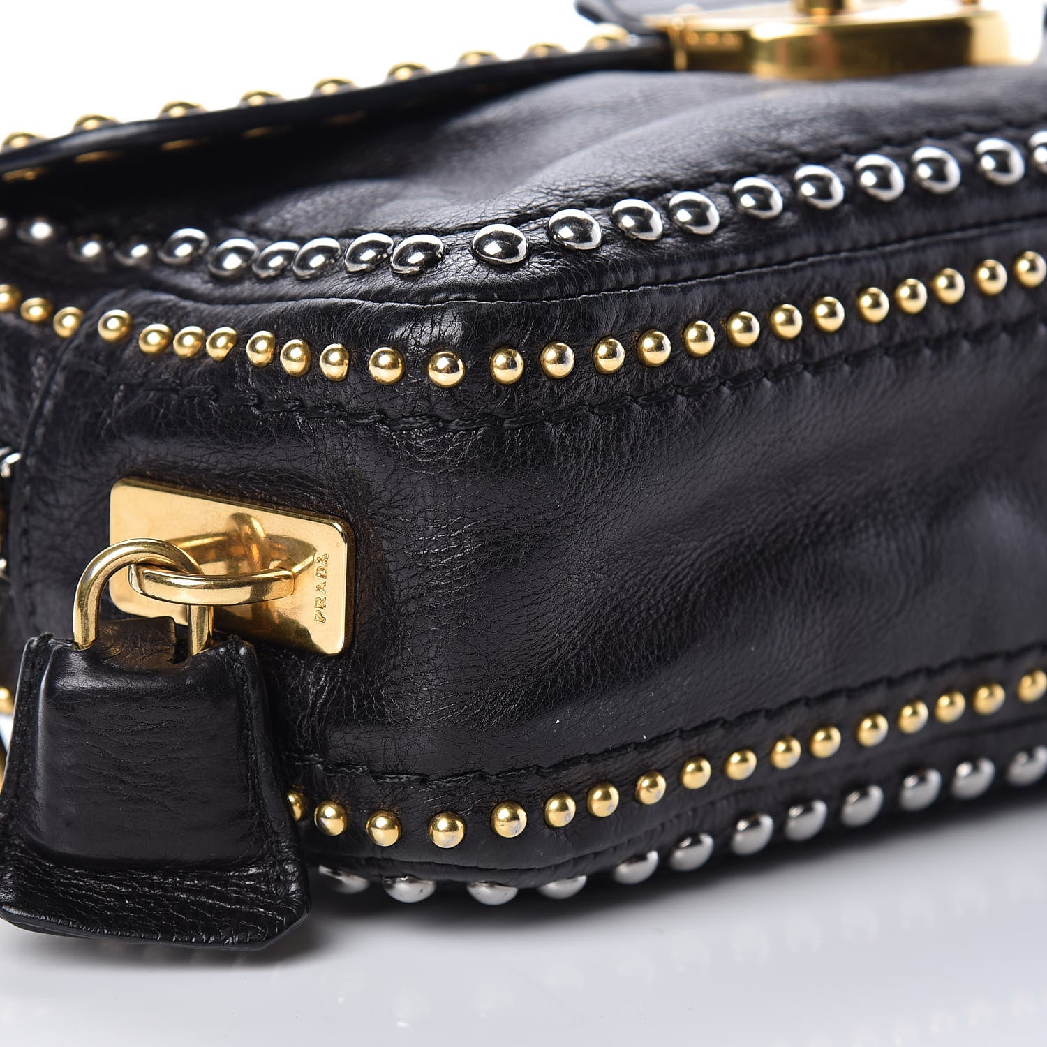 Prada Glace Calf Studded Pushlock Chain Shoulder Bag Black 10 of 11