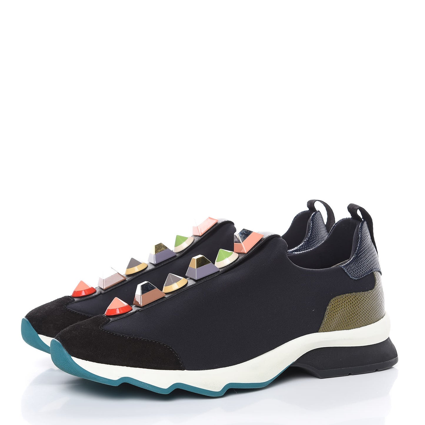 Neoprene Calfskin Rainbow Studded Sneakers 39 Black Navy Olive