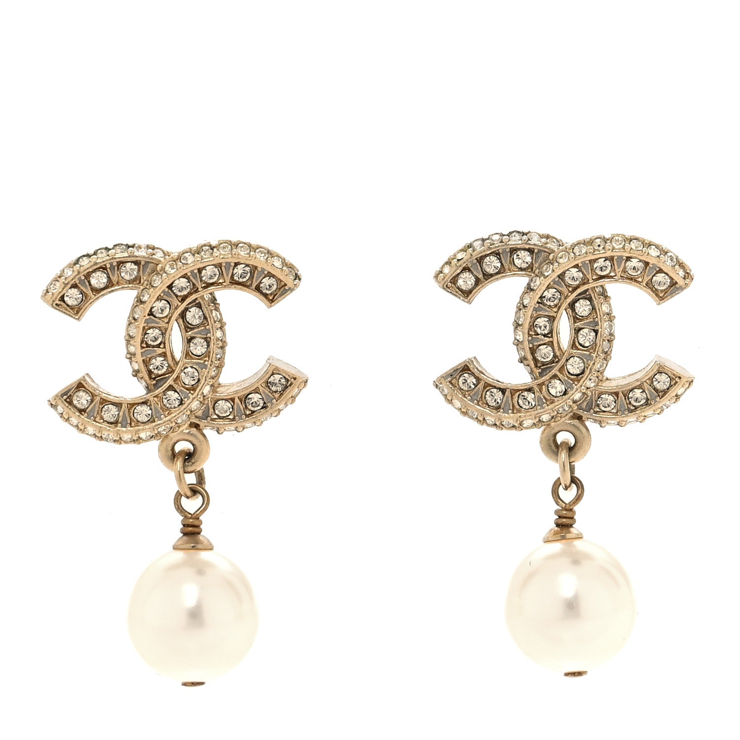 Chanel Crystal Timeless CC Pearl Drop Earrings Light Gold 1 of 5