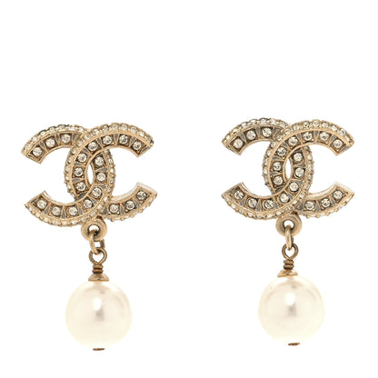 Chanel Crystal Timeless CC Pearl Drop Earrings Light Gold 1 of 5