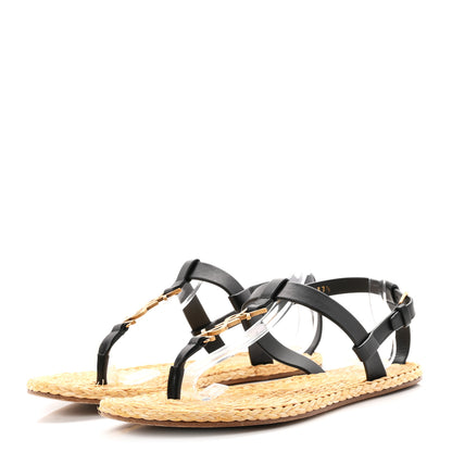 Saint Laurent Calfskin Raffia Cassandra Monogram Sandals 37.5 Black 4 of 10