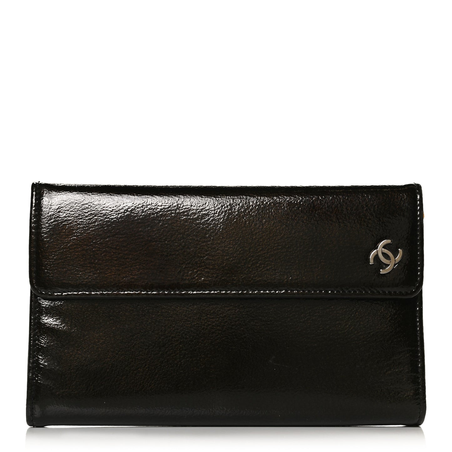 Patent Goatskin Large Flap Wallet Dark Brown