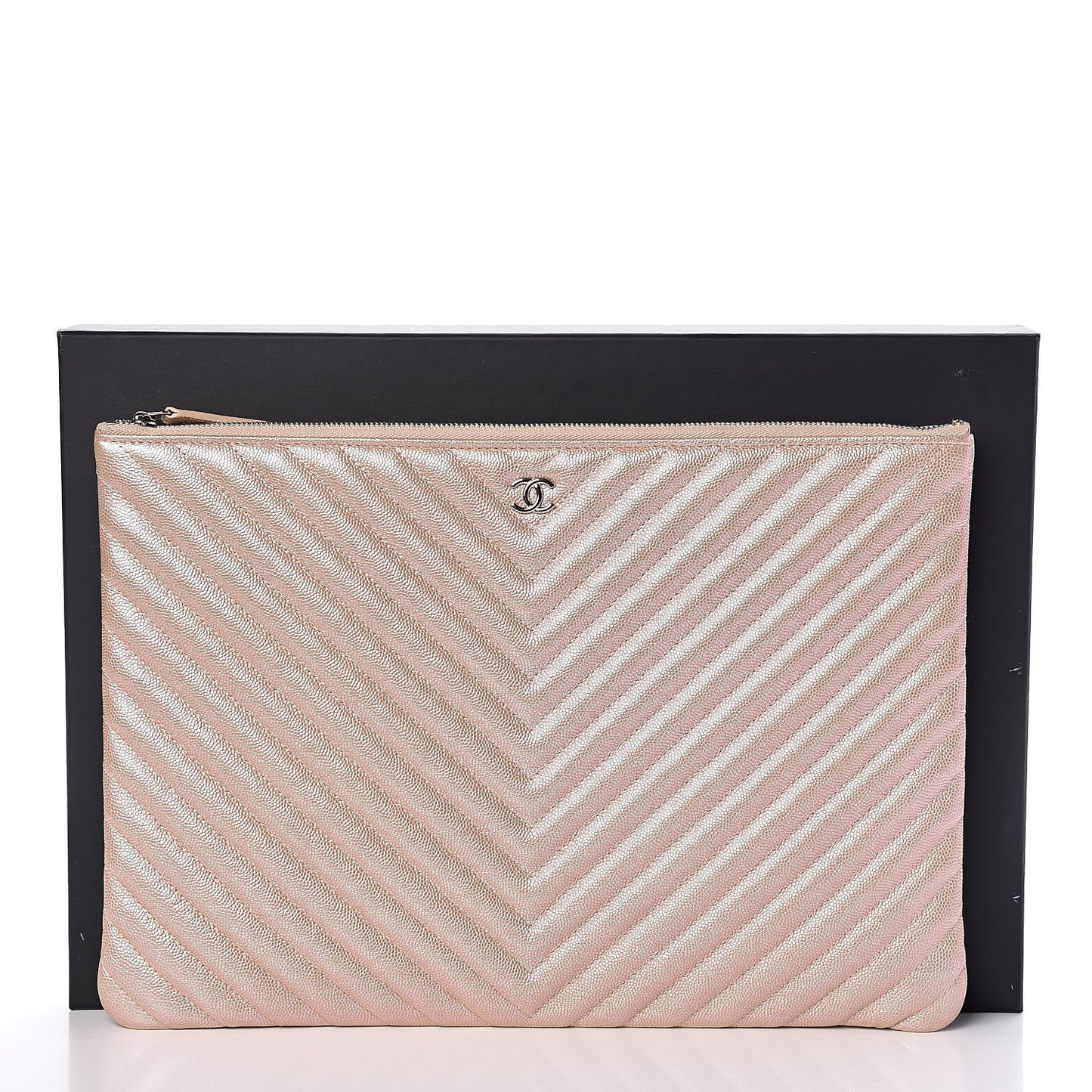 Iridescent Caviar Chevron Quilted Large Cosmetic Case Light Gold